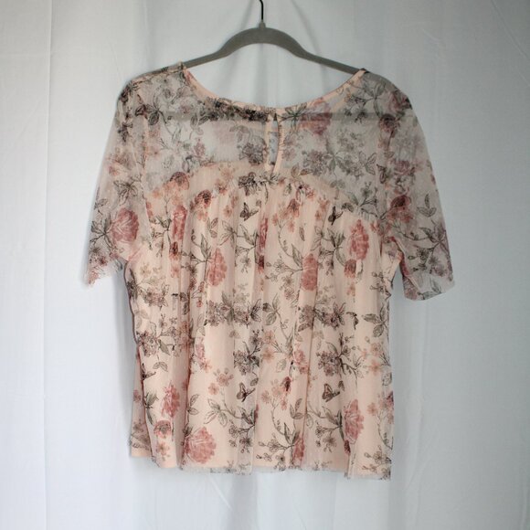 Almost Famous Light Pink Floral Butterfly Mesh Sheer Short Sleeve Blouse Large - Picture 2 of 11